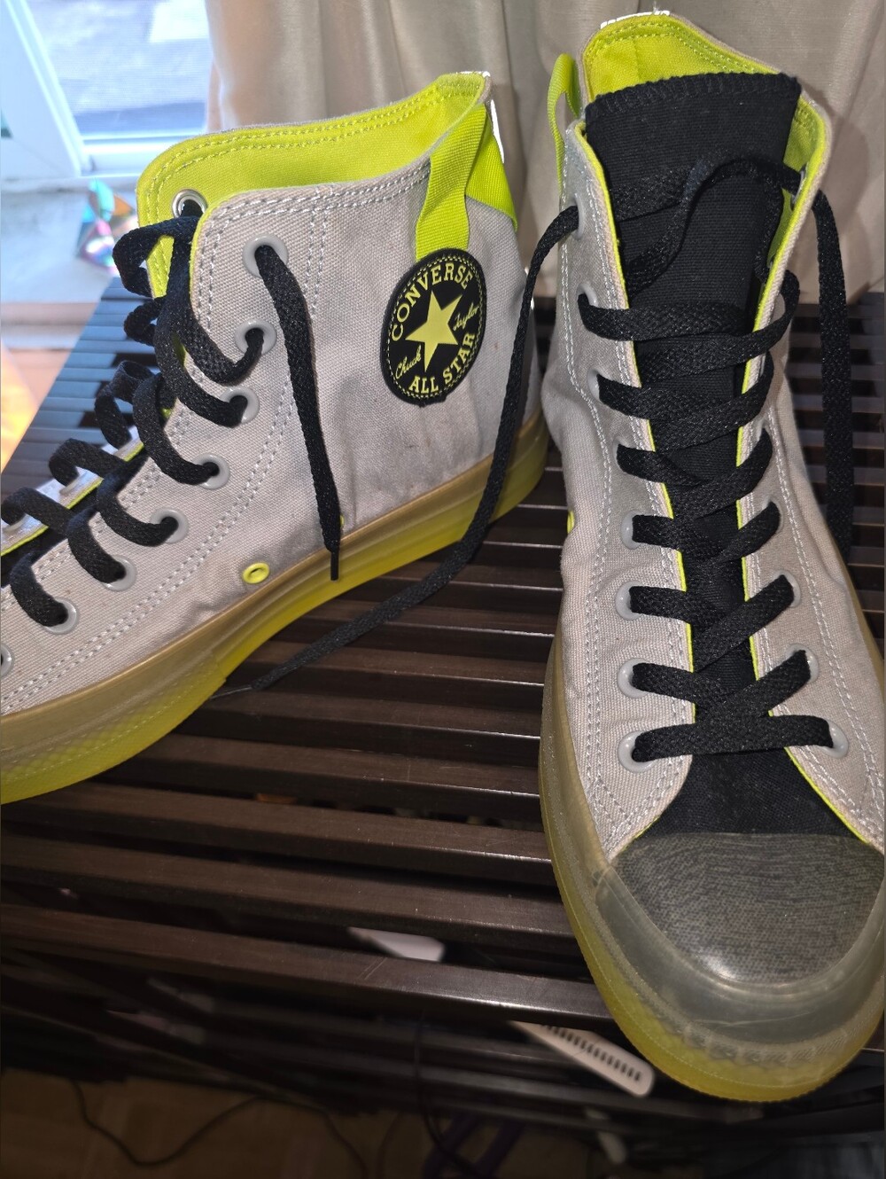 Converse All Star High-Top Sneakers in Gray/ Neon Yellow/ Reflective 11wo 9mens